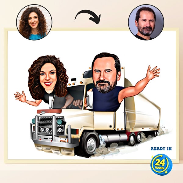 Retrato personalizado de caminhoneiro em desenho animado, caricatura personalizada de caminhoneiro a partir de foto, caminhoneiro engraçado, presente para caminhoneiro, presente para casal