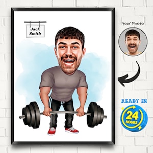 Aangepaste fitness cartoon portret, grappige fitness karikatuur, gepersonaliseerde gewichtheffer karikatuur tekening van foto, cadeau voor gewichtheffer