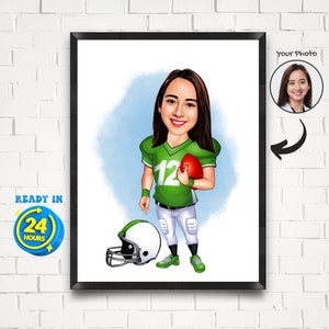 Gepersonaliseerde voetbaltekening vrouw, karikatuur voetbalster van foto, portret American football cartoon, grappig cadeau voetbalvrouw