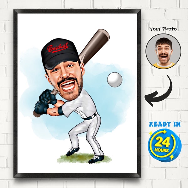 Personalized Baseball Player Gift, Baseball Player Caricature Drawing From Photo, Funny Baseball Player Portrait for Men Baseball Lover Gift