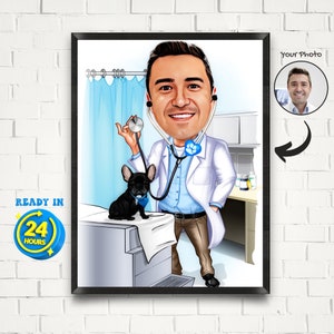 Custom Male Veterinarian Cartoon Portrait, Veterinarian Caricature from Photo, Veterinarian Gift for Men, Veterinary Gift, Pet Doctor Gifts