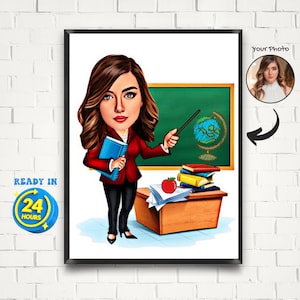 Personalized Female Teacher Caricature, Teacher Caricature From Photo, Custom Female Teacher Cartoon, Teacher Portrait, Teacher Cartoon Gift