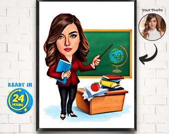 Personalized Female Teacher Caricature, Teacher Caricature From Photo, Custom Female Teacher Cartoon, Teacher Portrait, Teacher Cartoon Gift