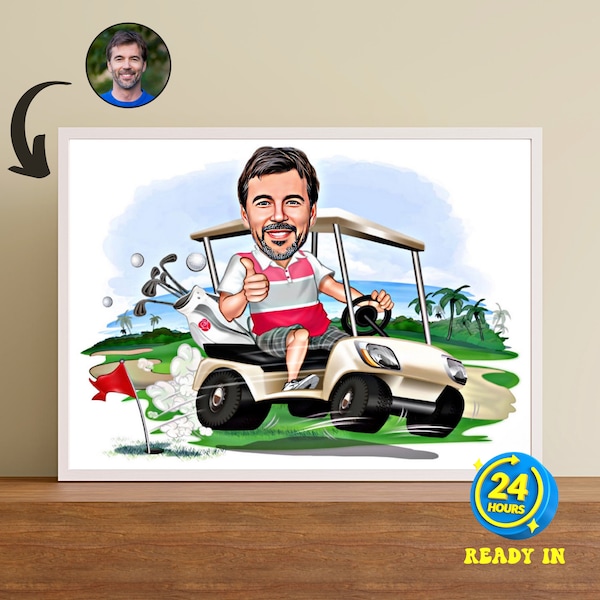 Personalisierte Golfspieler Cartoon Portrait, männliche Golfspieler Geschenke, Golfspieler Karikatur, Geschenk für Männer, Golfspieler Geschenke, Golfspieler Karikatur Portrait