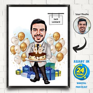 Benutzerdefinierte 40. männliches Cartoon-Porträt, 40. Geburtstag-Karikatur, lustiges Geburtstagsgeschenk, Geburtstags-Karikatur, personalisiertes Geburtstagsgeschenk, Mann Geburtstag
