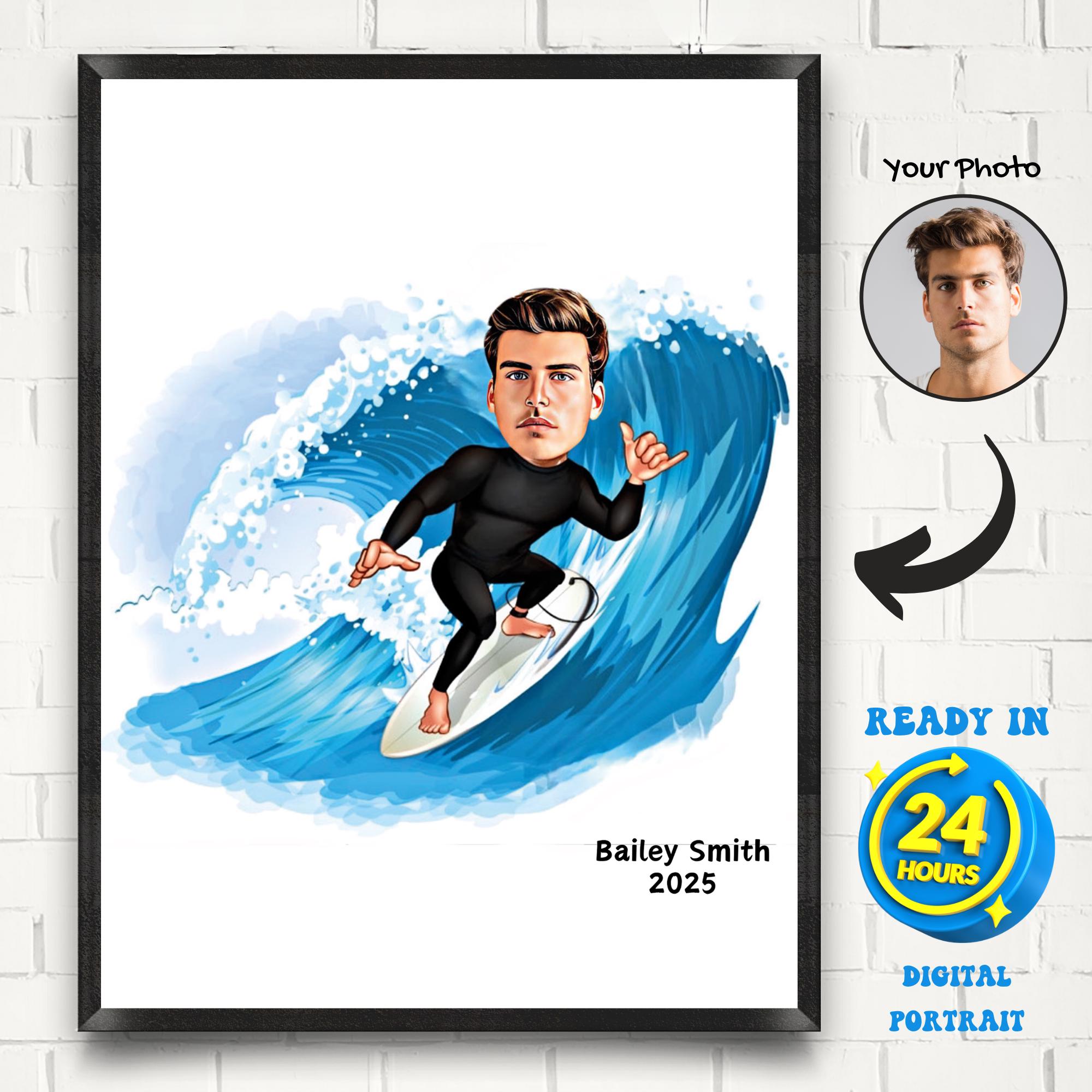 Custom Surfer Caricature Drawing, Surf Caricature Portrait from Photo, Surf Lover Gift, Cartoon from Photo, Custom Surfing Portrait Drawing