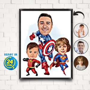 Benutzerdefiniertes Superhelden-Karikaturporträt für Papa und zwei Söhne, Superhelden-Karikatur für Kinder, Superhelden-Porträt, Superfamilienkarikatur, Geschenk für Papa, Familie