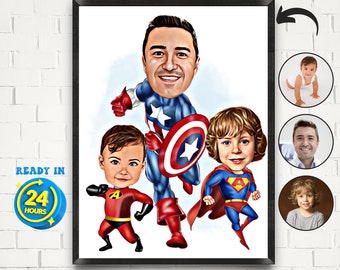 Custom Dad and Two Son Superhero Cartoon Portrait, Superhero Kids Cartoon, Superhero Portrait, Super Family Caricature, Gift for Dad, Family