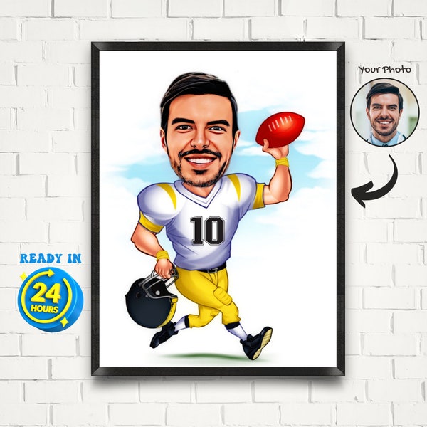 Disegno personalizzato di football americano, caricatura di giocatore di football da foto, ritratto di cartone animato di calcio, regalo di calcio divertente, regali sportivi