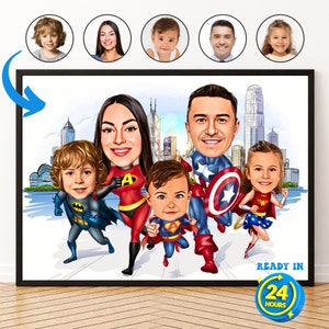 Retrato familiar de superhéroes personalizado, caricatura familiar, regalo familiar, caricatura de superhéroes a partir de una foto