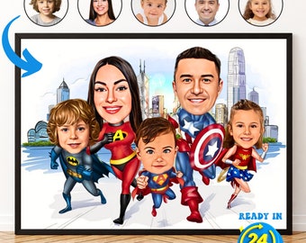 Personalized Superhero Family Cartoon Portrait, Family Portrait, Family Gift, Super Family Caricature, Superhero Caricature from Photo