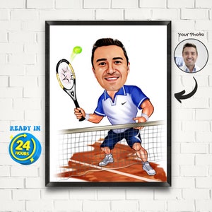 Ritratto di un giocatore di tennis maschile personalizzato, giocatore di tennis maschile, regalo per ragazzo tennista, disegno di un cartone animato di tennis da foto per uomo, regalo per gli amanti del tennis