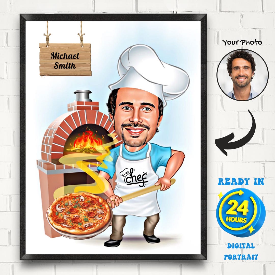 Custom Pizza Chef Caricature Drawing, Male Pizza Master Cartoon ...