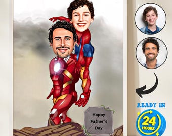 Custom Superhero Dad&Son Caricature Drawing from Photo, Family Superhero Cartoon Portrait, Gift for Dad, Superheroes Cartoon for Fathers Day