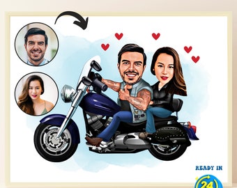 Personalized Motorcyclist Couple Cartoon Portrait, Custom Cartoon Valentines Day, Motorbiker Couple Portrait, Funny Motorcyclist Couple Gift