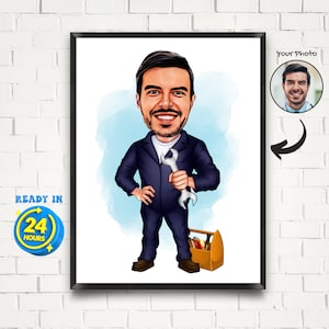Klusjesman karikatuurtekening van foto, aangepaste karikatuur van een mannelijke monteur, monteur cadeau, grappig klusjesman cadeau voor mannen, reparateur cartoon
