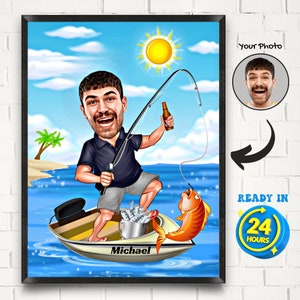 Ritratto di pescatore personalizzato: caricatura divertente da regalare (download digitale)