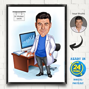 Personalized Male Doctor Cartoon Portrait, Cartoon Drawing from Photo, Doctor Caricature, Gift for Doctor, Boss Doctor Caricature Portrait