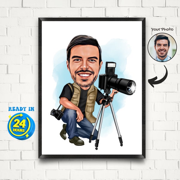 Photographer Cartoon Portrait Drawing from Photo, Custom Photographer Caricature Portrait, Photographer Cartoon, Photographer Gift for Men