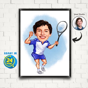 Tennis Player Gift, Custom Tennis Player Cartoon Portrait, Tennis Player Caricature from Photo, Male Tennis Caricature, Kids Tennis Portrait