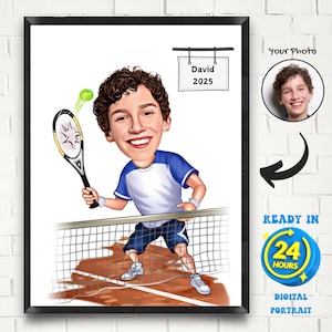 Custom Kids Tennis Player Cartoon Drawing from Photo, Tennis Cartoon Portrait, Tennis Lover Gift, Tennis Player Boy, Male Tennis Player Gift