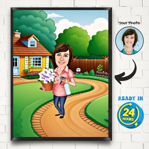 Gardener Caricature Drawing from Photo, Female Gardener Cartoon Portrait, Funny Gardening Gift, Gardening Lover Gifts, Gardener Birthday