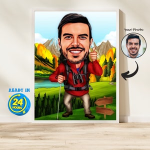Niestandardowy portret wędrowny, portret wędrowny, prezent dla wędrowca dla mężczyzn, karykatura wędrowca ze zdjęcia, karykatura mężczyzny na kempingu, rysunek wędrowca