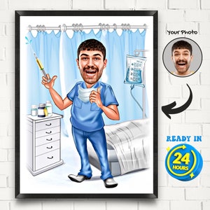Personalisiertes männliches Krankenschwester-Karikaturporträt, benutzerdefinierte Krankenschwester-Karikaturzeichnung vom Foto, lustige Krankenschwester-Karikatur, Geschenk für Krankenschwester, männliche Krankenschwester zeichnen