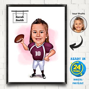 Ritratto di cartone animato di football americano personalizzato, disegno di caricatura di football personalizzato, caricatura, regalo per ragazza, regalo per bambini calciatore, rugby