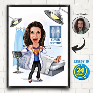 Retrato de dibujos animados de súper doctor personalizado, retrato de dibujos animados de doctora, caricatura de doctor a partir de una foto, regalos divertidos de doctor, arte de dibujo de doctor