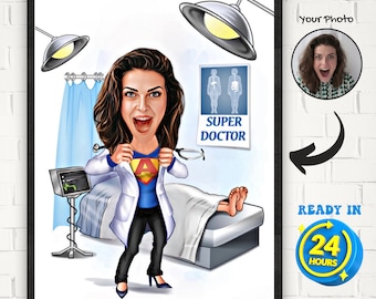 Personalized Super Doctor Cartoon Portrait Female Doctor Cartoon Portrait Doctor Caricature from Photo Funny Doctor Gifts Doctor Drawing Art