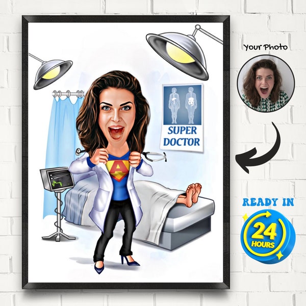 Personalized Super Doctor Cartoon Portrait Female Doctor Cartoon Portrait Doctor Caricature from Photo Funny Doctor Gifts Doctor Drawing Art