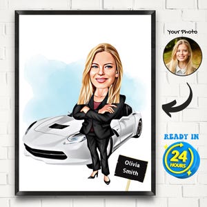 Custom Woman Luxury Sports Car Caricature, Girl Boss Caricature, Woman Car Cartoon Portrait from Photo, Business Woman Caricature, Lady Gift