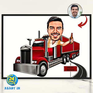Gepersonaliseerde rode karikatuur vrachtwagenchauffeur, cadeau vrachtwagenchauffeur, aangepaste cartoon portret vrachtwagenchauffeur, grappige karikatuur vrachtwagenchauffeur van foto