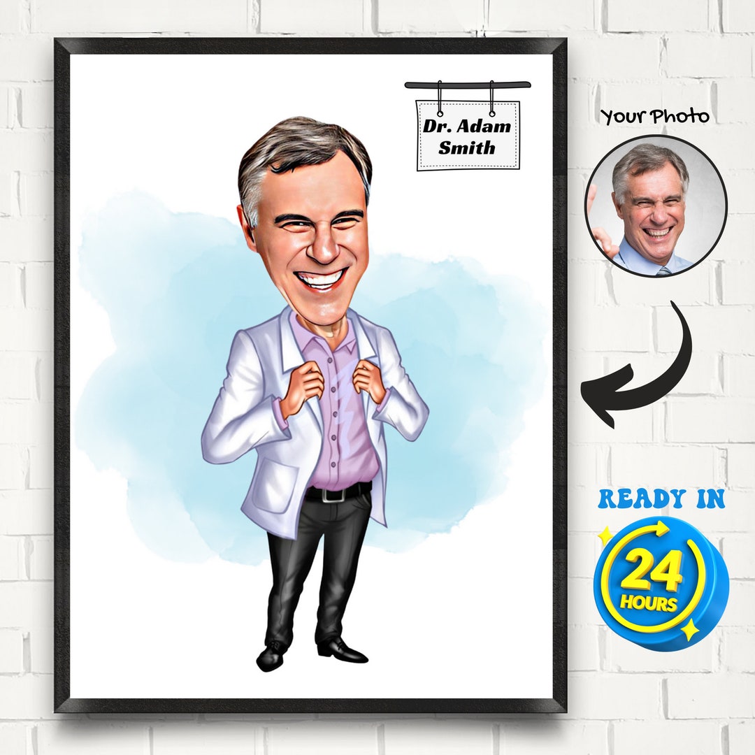 Personalized Super Doctor Cartoon Portrait, Male Doctor Caricature