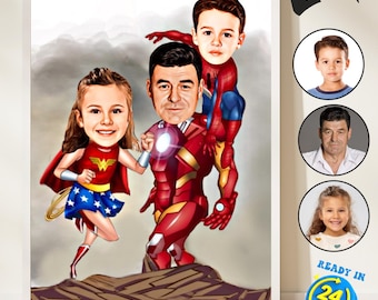 Custom Family Superhero Cartoon Portrait, Gifts for Dad, Superhero Dad Caricature Drawing from Photo, Superheroes Cartoon for Christmas Gift