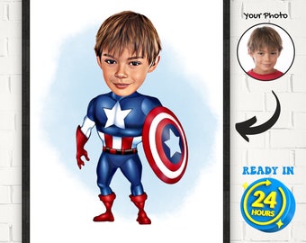 Personalized Superhero Caricature Portrait: Custom Kids Birthday Gift (Digital Download)