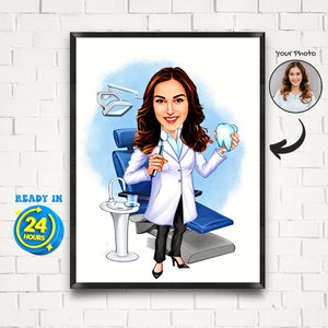 Retrato de caricatura de dentista personalizada, retrato de dentista, regalo para dentista, regalo de dentista, caricatura de dentista, caricatura de dentista, mujer dentista