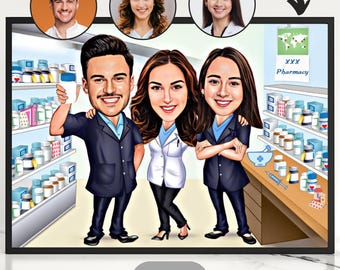 Custom Pharmacist Group Caricature Drawing from Photo, Pharmacist Team Cartoon Portrait, Gift for Pharmacist, Funny Pharmacist Draw Gifts