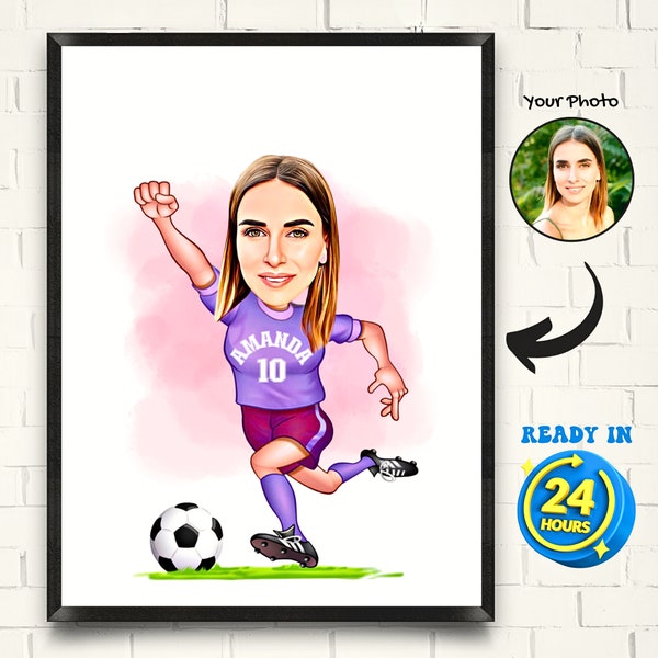 Personalized Female Soccer Player Cartoon Portrait, Funny Football Player Cartoon Drawing, Woman Soccer Player Caricature Drawing from Photo