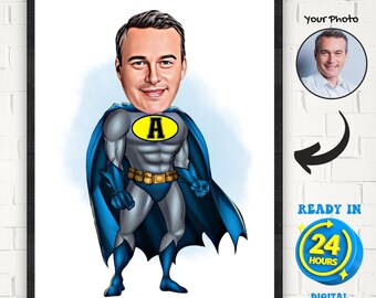 Personalized Superhero Man Cartoon Portrait, Custom Superhero Father’s Day Gift, Superhero Caricature Drawing
