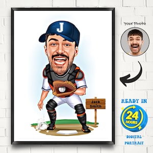 Custom Baseball Player Cartoon Portrait, Male Baseball Caricature, Gift for Baseball Player, Baseball Cartoon, Caricature Drawing from Photo