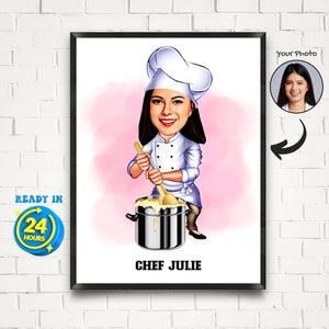 Regalo da chef per donna, caricatura di chef donna da foto, arte divertente da chef, ritratto divertente da regalo da chef, ritratto di cartone animato da chef personalizzato, disegno da chef