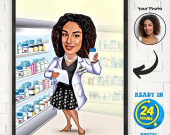 Custom Pharmacist Caricature, Woman Cartoon Portrait (Digital Download)