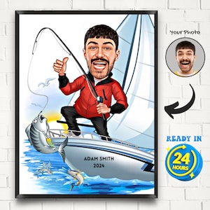 Caricatura personalizzata del pescatore: regalo con ritratto di cartone animato personalizzato (download digitale)