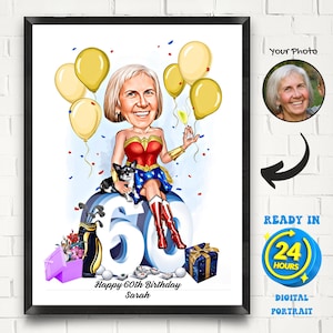 Custom 60th Woman Cartoon Portrait, 60th Birthday Caricature, Female Birthday Cartoon, Personalised Birthday Gift, Funny Birthday Caricature