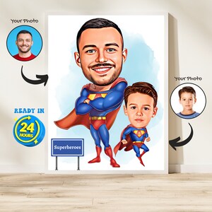 Custom Super Dad and Son Superhero Caricature Portrait (Digital Download)