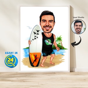 Surfer Gifts, Custom Surfer Cartoon Portrait, Male Surfer Caricature, Surfer Caricature Drawing, Surfer Birthday Gifts for Him, Surf Lover