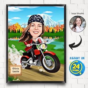 Custom Female Motorcyclist Cartoon Portrait, Motorcycle Riders, Woman Biker Cartoon Drawing, Personalised Caricature of a Biker Girl