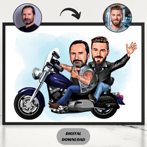 Personalized Motorcyclist Cartoon Portrait, Custom Cartoon Best Friends Gift, Motorbiker Couple Portrait, Funny Motorcyclist Couple Gift